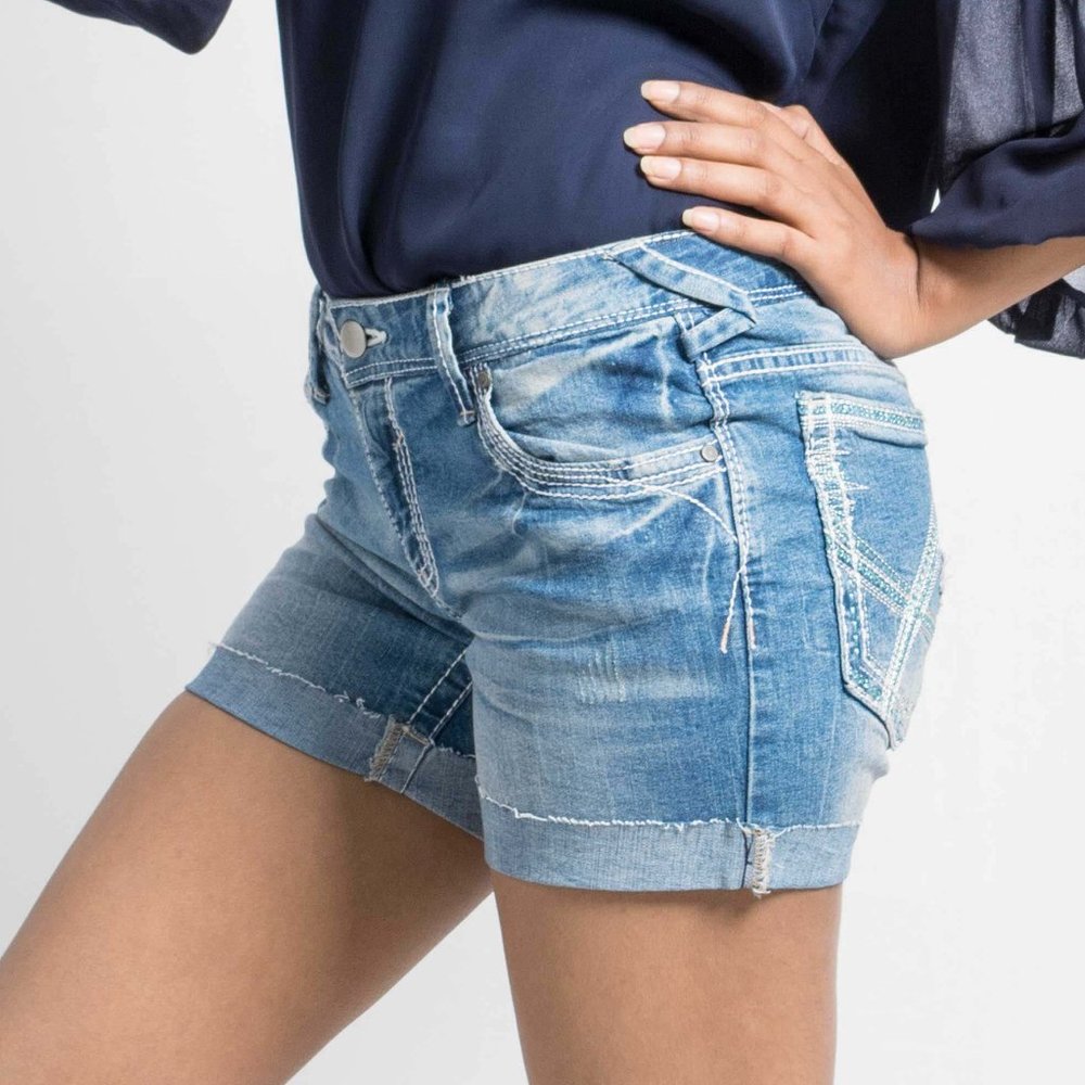 OLGYN Women’s Stretch Light Blue Denim Shorts - Picture 3 of 3